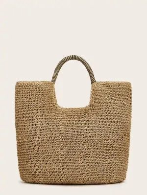 CM-BGS121737 Women Casual Bohemian Style Solid Square Straw Tote Bag - Camel