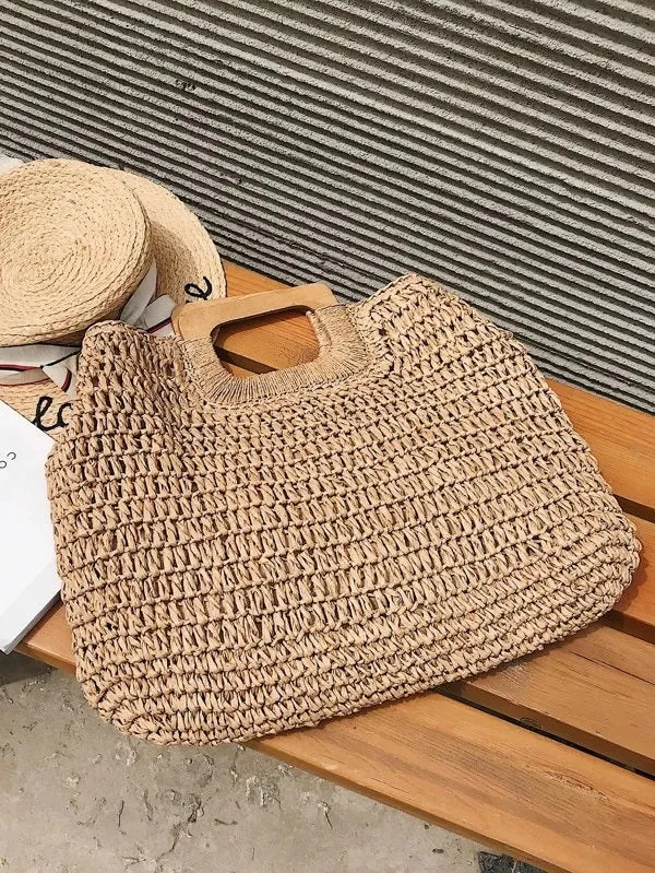 CM-BGS226558 Women Trendy Bohemian Style Braided Tote Bag With Wooden Handle - Khaki