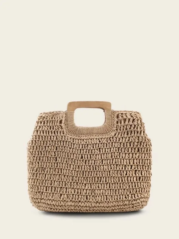 CM-BGS226558 Women Trendy Bohemian Style Braided Tote Bag With Wooden Handle - Khaki
