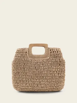 CM-BGS226558 Women Trendy Bohemian Style Braided Tote Bag With Wooden Handle - Khaki