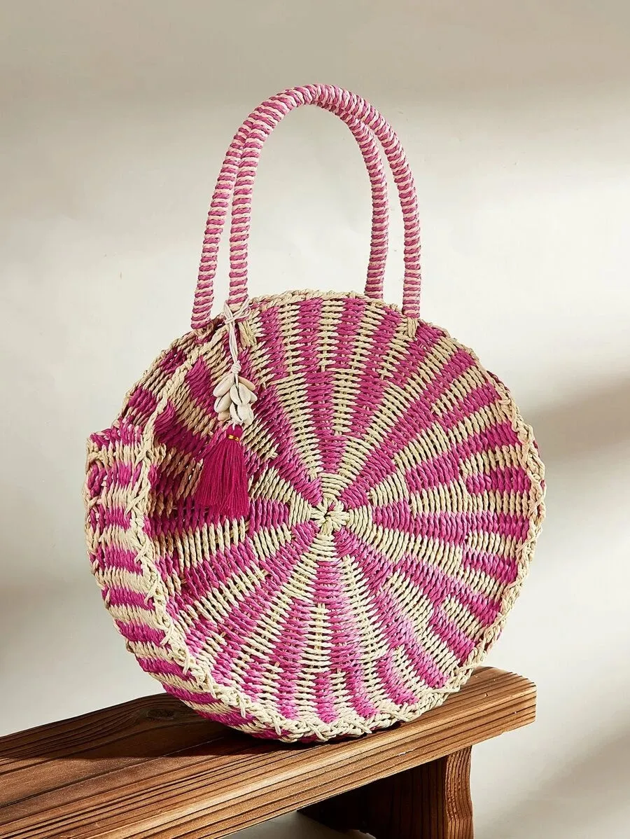 CM-BGS312342 Women Trendy Bohemian Style Round Braided Satchel Bag - Pink