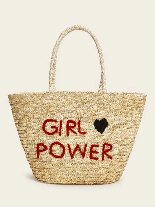 CM-BGS319193 Women Trendy Bohemian Style Letter Graphic Braided Tote Bag - Khaki