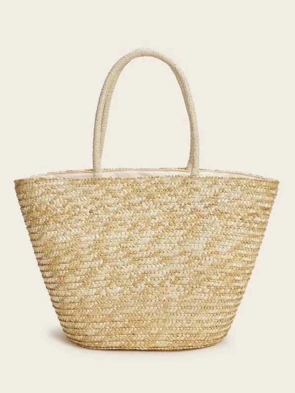 CM-BGS319193 Women Trendy Bohemian Style Letter Graphic Braided Tote Bag - Khaki