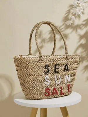 CM-BGS323456 Women Casual Bohemian Style Letter Graphic Woven Rattan Tote Bag - Khaki