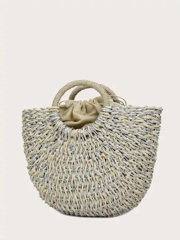 CM-BGS424822 Women Trendy Bohemian Style Moon Shaped Woven Tote Bag - Gray