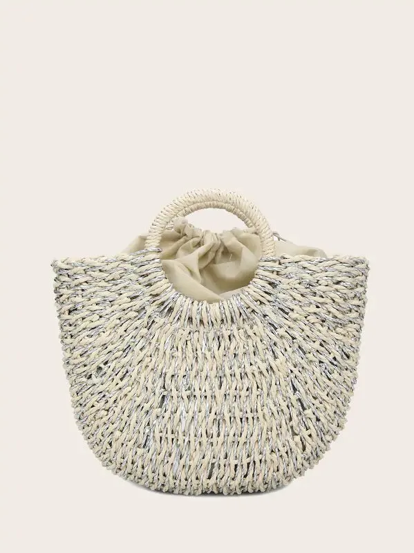 CM-BGS424822 Women Trendy Bohemian Style Moon Shaped Woven Tote Bag - Gray