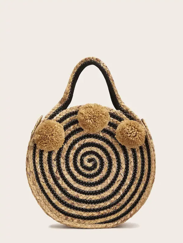 CM-BGS430809 Women Trendy Bohemian Style Woven Pom Pom Tote Bag - Brown