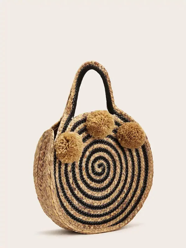 CM-BGS430809 Women Trendy Bohemian Style Woven Pom Pom Tote Bag - Brown