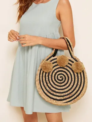 CM-BGS430809 Women Trendy Bohemian Style Woven Pom Pom Tote Bag - Brown