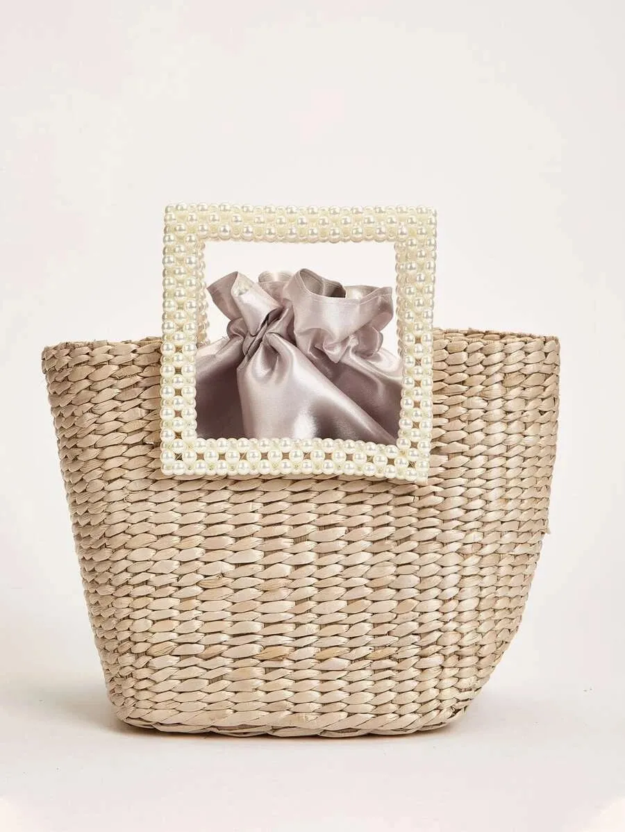 CM-BGS619849 Women Trendy Bohemian Style Faux Pearl Satchel Bag - Apricot
