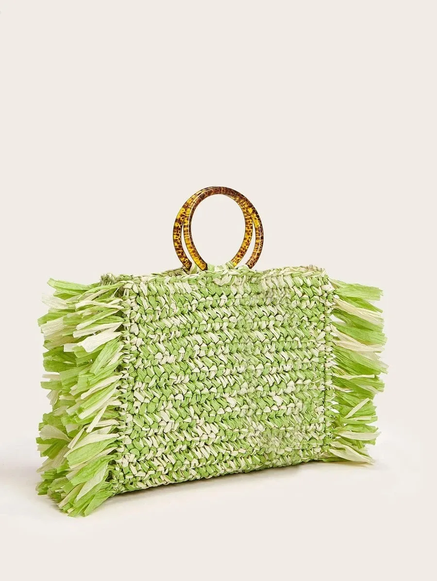CM-BGS724834 Women Trendy Bohemian Style Round Handle Fringe Trim Woven Satchel Bag