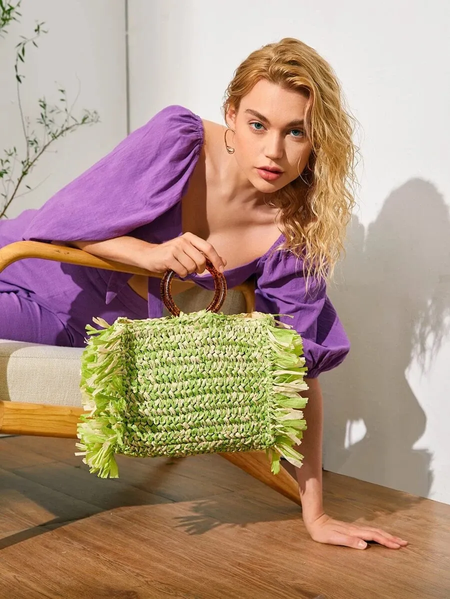 CM-BGS724834 Women Trendy Bohemian Style Round Handle Fringe Trim Woven Satchel Bag