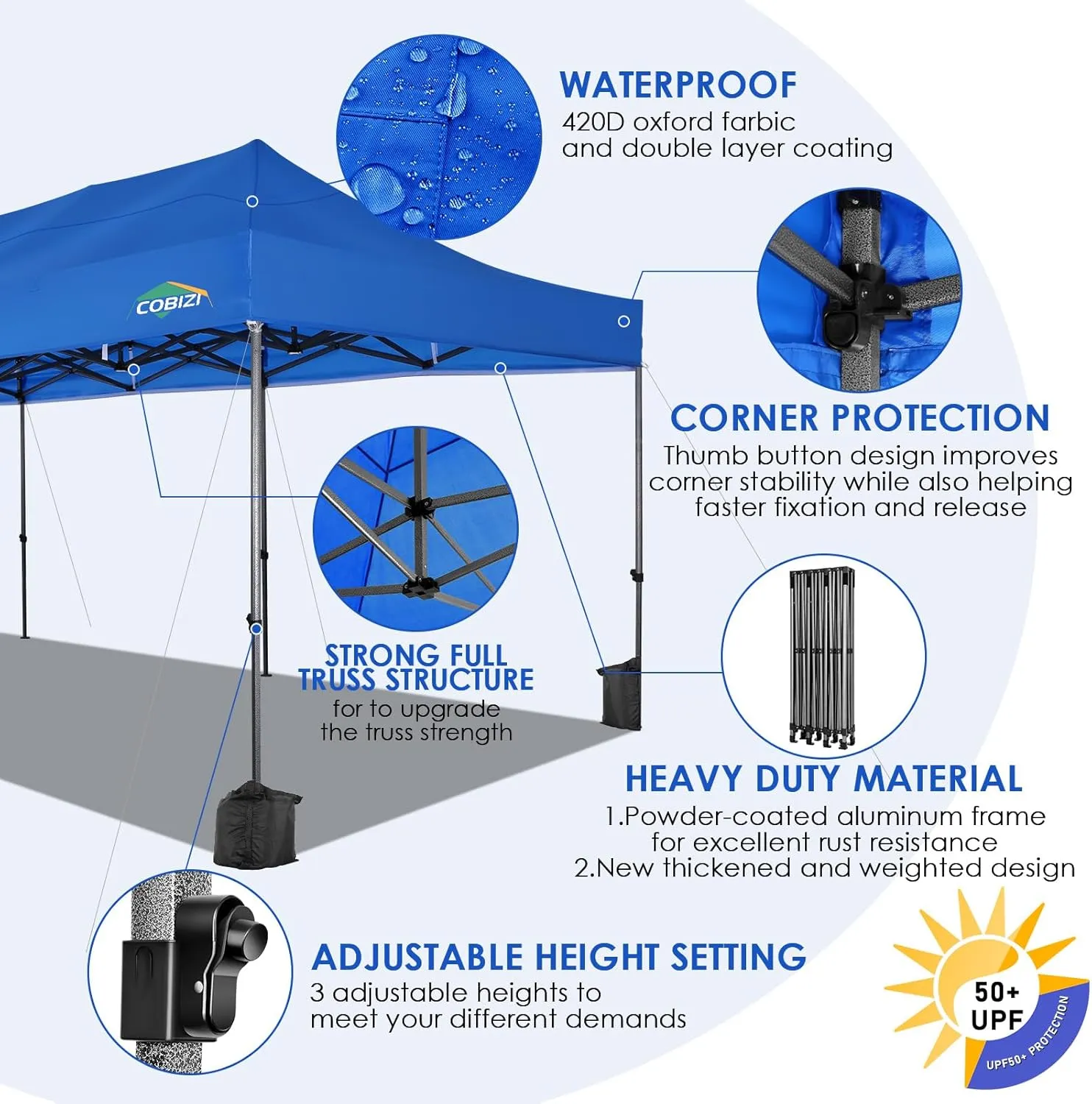 COBIZI 10x30 Pop up Canopy, Heavy Duty Outdoor Party Tents for Parties, Ez up UPF 50  Waterproof Commercial Canopy with Wheeled Bag can fold, Blue(Windproof Upgraded)