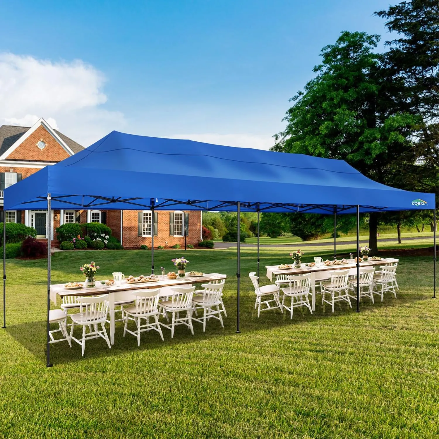 COBIZI 10x30 Pop up Canopy, Heavy Duty Outdoor Party Tents for Parties, Ez up UPF 50  Waterproof Commercial Canopy with Wheeled Bag can fold, Blue(Windproof Upgraded)