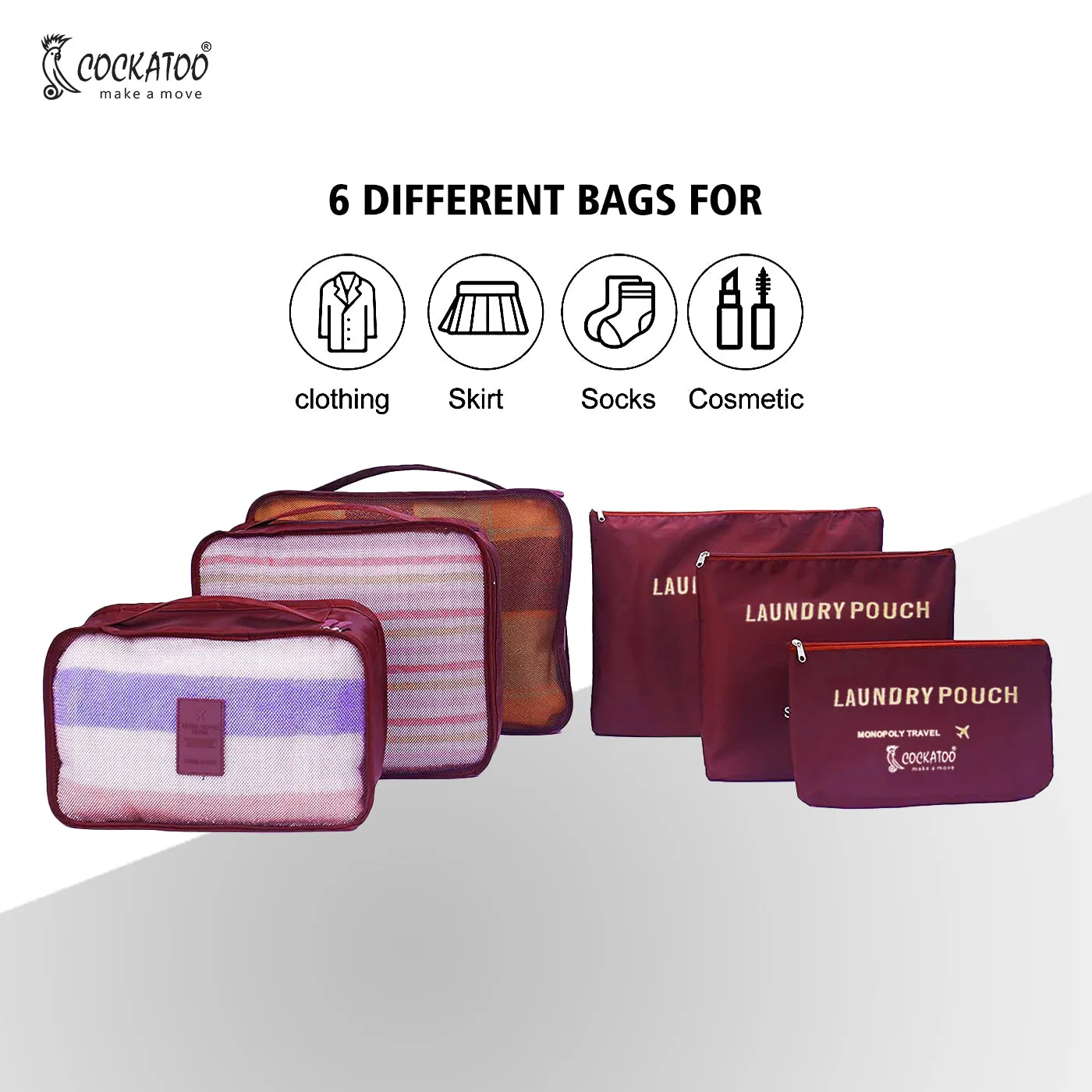 Cockatoo Horizon 6 Pc Travel Storage Bag,Travel Organizer Bags for Luggage, Material: Oxford Cloth(6 Month Warranty)