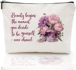 Coco Chanel Quotes Makeup Bag for Gilrs,Fashion Perfume Flower Beauty Begins The Moment You Decide To Be Yourself- Cosmetic Bag Waterproof Linen Toiletry Beauty Bag Travel Accessories Pouch