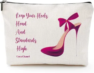 Coco Chanel Quotes Makeup Bag,Fashion Travle Case for Gilrs, Keep Your Heels Head Standards High Cosmetic Bag Waterproof Linen Travel Accessories for Women, Toiletry Bag Pencil Case for Daughter