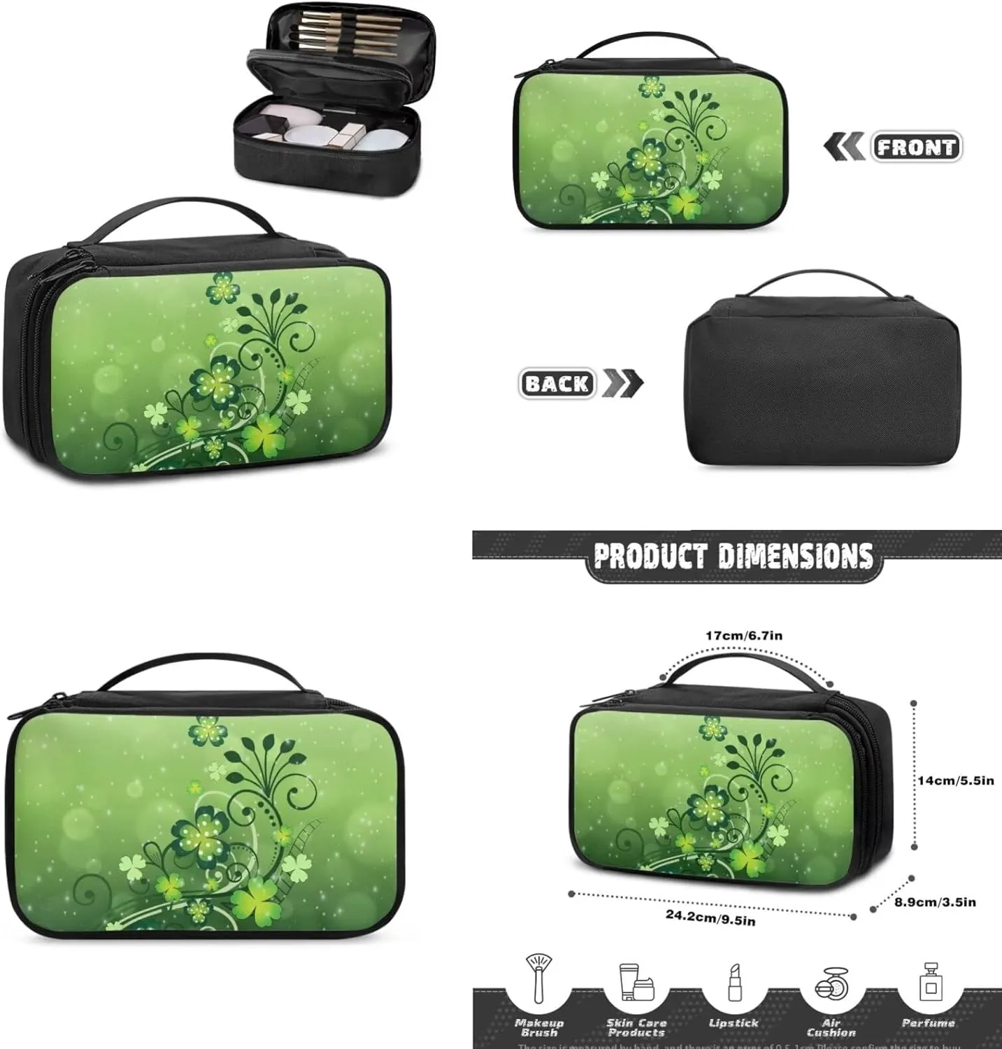 COEQINE Green Makeup Train Case Set 3 Pieces Large Capacity Cosmetic Bag With Compartment Saint Patricks Day Green Portable Hanging Organizer For Travel Waterproof Coin Purse