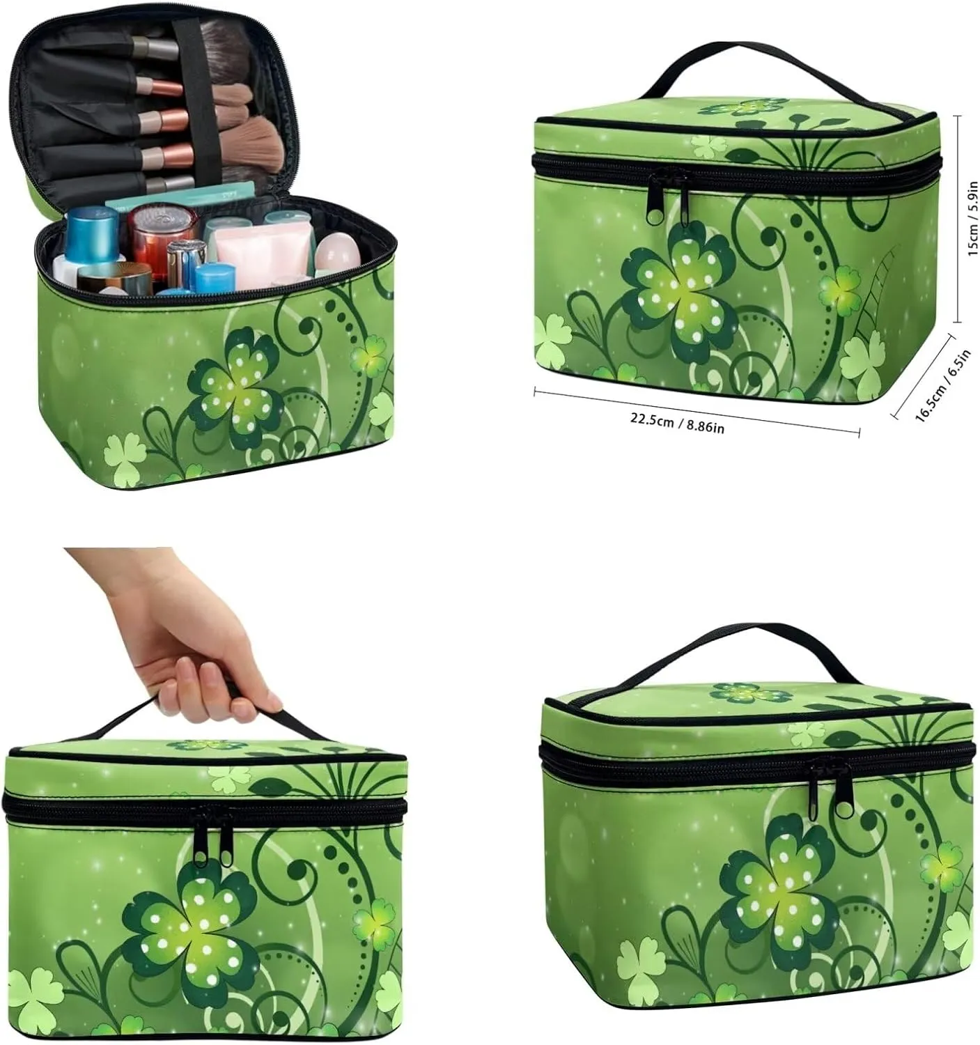 COEQINE Green Makeup Train Case Set 3 Pieces Large Capacity Cosmetic Bag With Compartment Saint Patricks Day Green Portable Hanging Organizer For Travel Waterproof Coin Purse