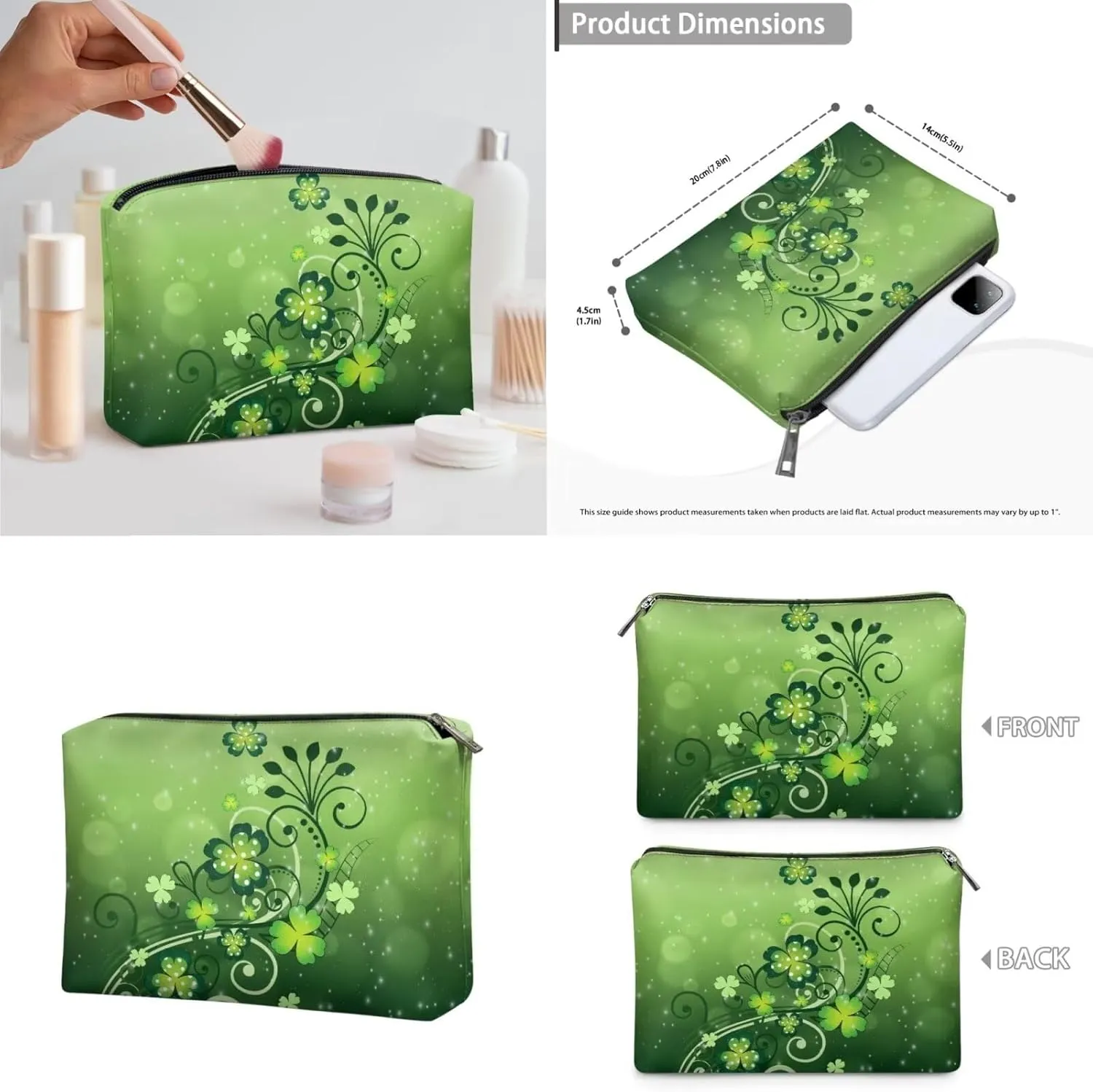 COEQINE Green Makeup Train Case Set 3 Pieces Large Capacity Cosmetic Bag With Compartment Saint Patricks Day Green Portable Hanging Organizer For Travel Waterproof Coin Purse