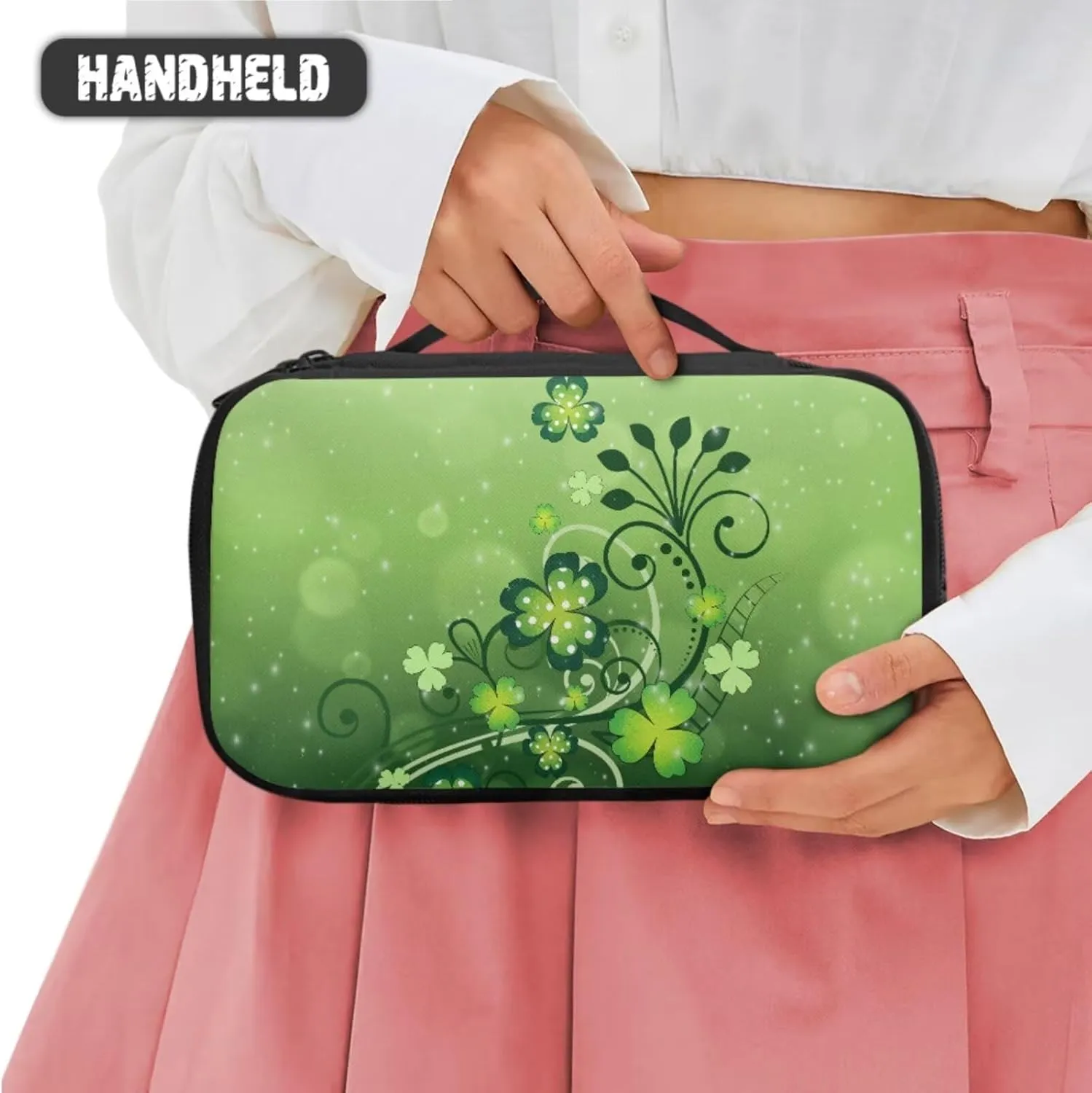 COEQINE Green Makeup Train Case Set 3 Pieces Large Capacity Cosmetic Bag With Compartment Saint Patricks Day Green Portable Hanging Organizer For Travel Waterproof Coin Purse