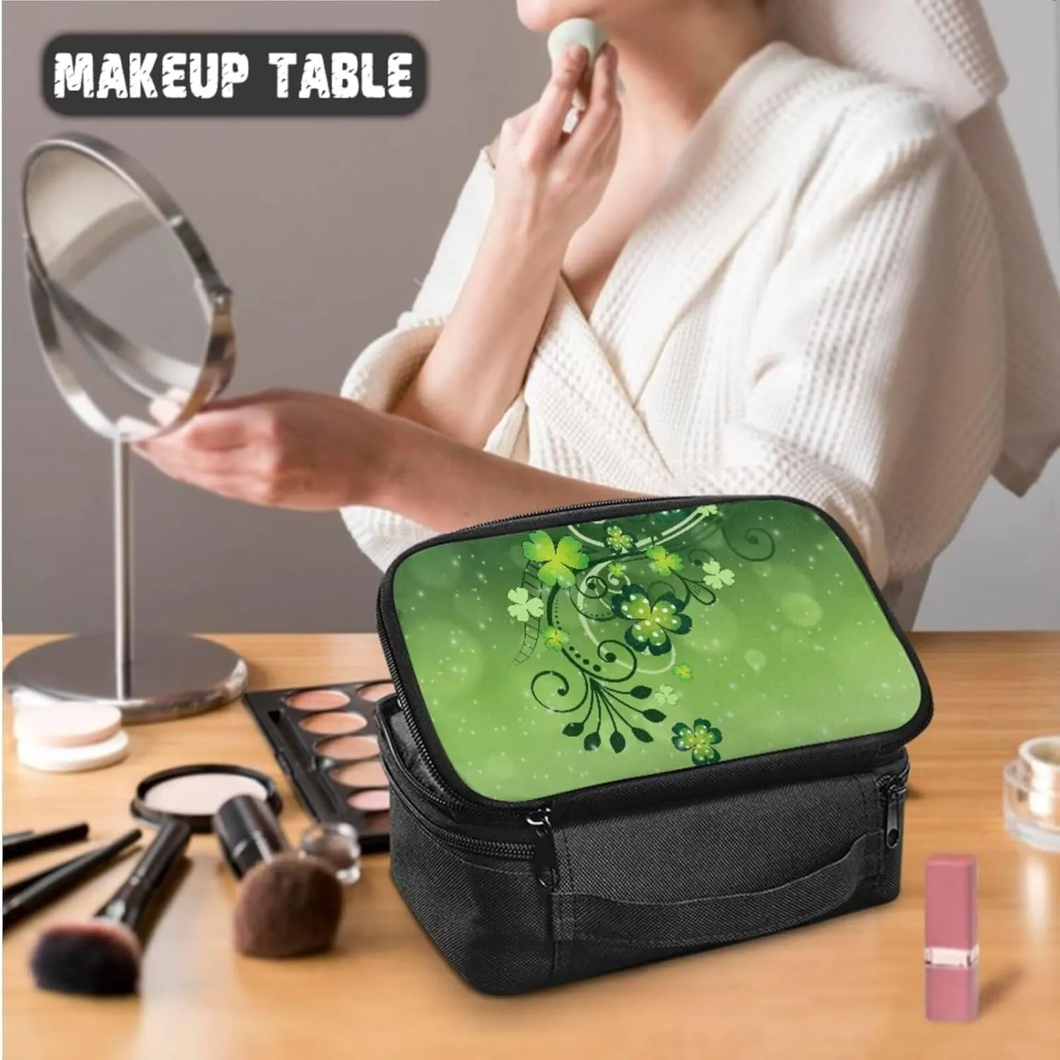 COEQINE Green Makeup Train Case Set 3 Pieces Large Capacity Cosmetic Bag With Compartment Saint Patricks Day Green Portable Hanging Organizer For Travel Waterproof Coin Purse