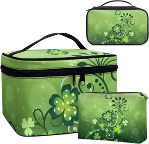 COEQINE Green Makeup Train Case Set 3 Pieces Large Capacity Cosmetic Bag With Compartment Saint Patricks Day Green Portable Hanging Organizer For Travel Waterproof Coin Purse