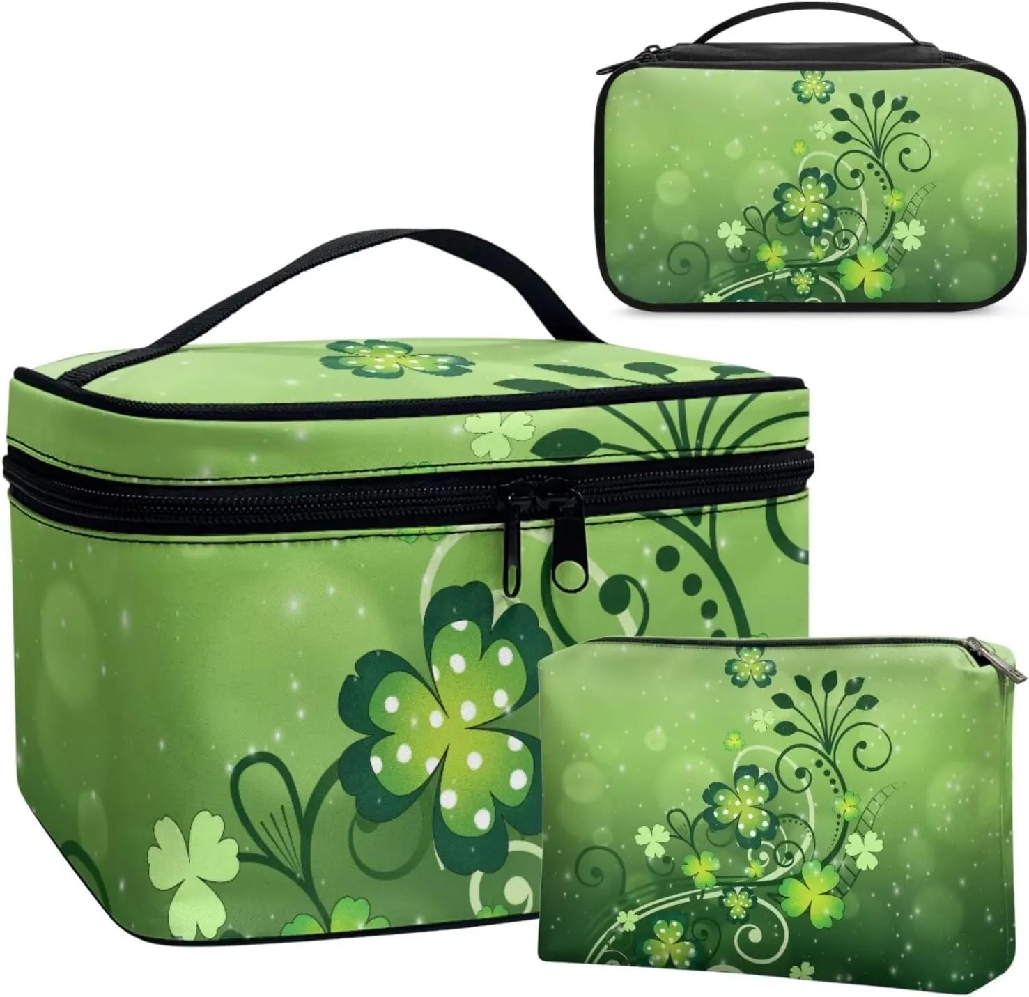 COEQINE Green Makeup Train Case Set 3 Pieces Large Capacity Cosmetic Bag With Compartment Saint Patricks Day Green Portable Hanging Organizer For Travel Waterproof Coin Purse