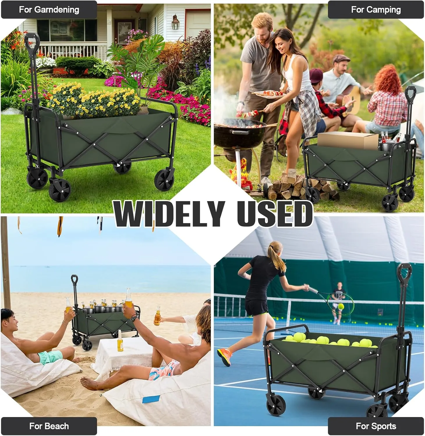Collapsible Foldable Wagon,Wagons Carts Foldable with Wheels,Utility Grocery Folding Beach Wagon for Sand Garden Sports Shopping Outdoor(Bottle Green).