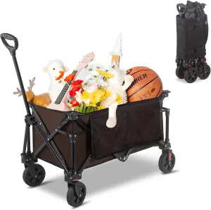 Collapsible Folding Wagon Cart, 220LBS Heavy Duty Foldable Utility Garden Cart with All Terrain Wheels & Side Storage Bag, Portable Sports Wagon for Camping, Shopping, Garden