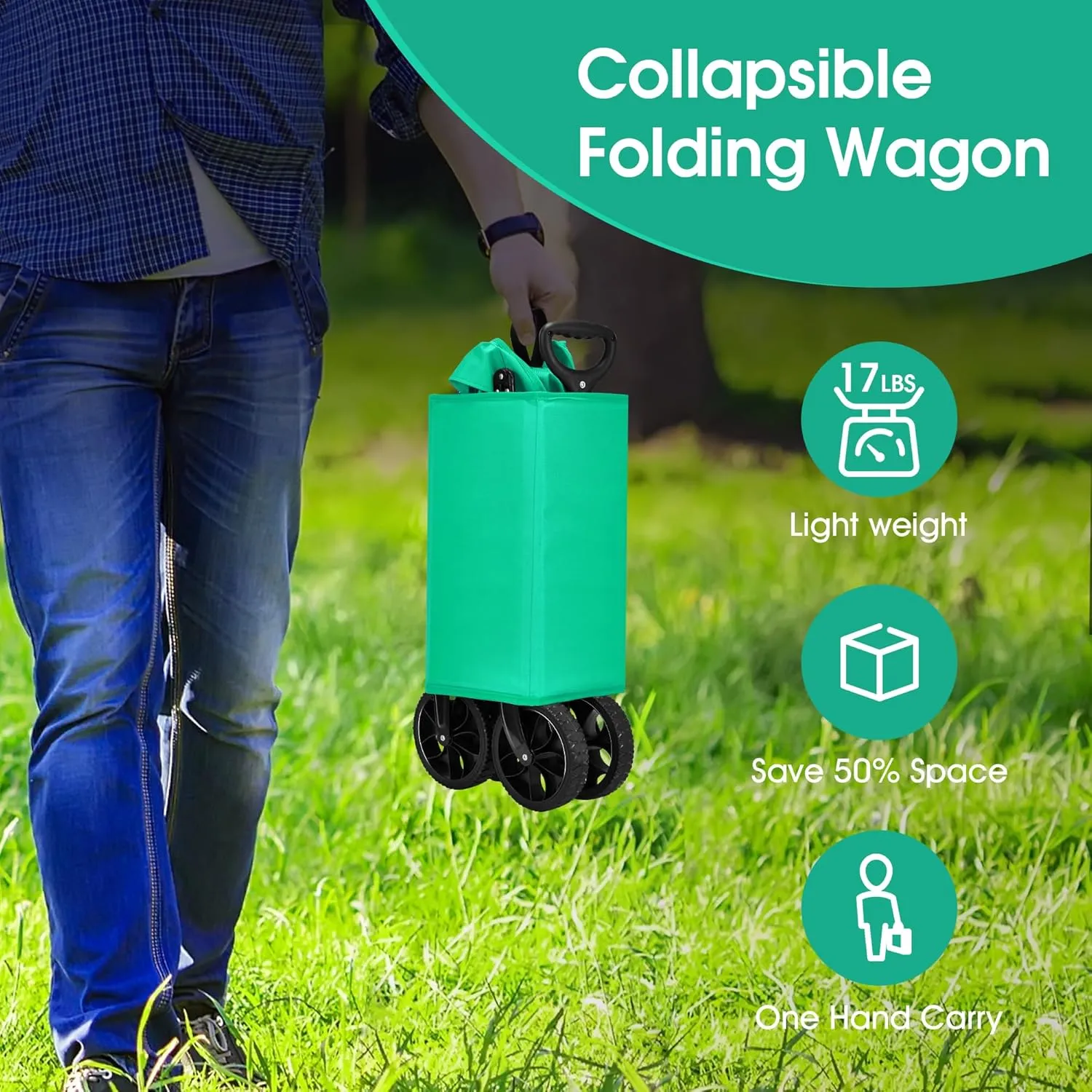 Collapsible Folding Wagon Heavy Duty,Foldable Utility Cart with Wheels,Large Capacity,for Grocery Outdoor Camping Beach Gardening Shopping Fishing Green