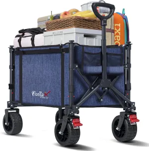 Collapsible Wagon Cart Foldable with Big Wheels Brakes, 250lbs Folding Utility Lightweight Garden Wagon, Portable Grocery Cart for Camping Shopping Sports Pets, Blue
