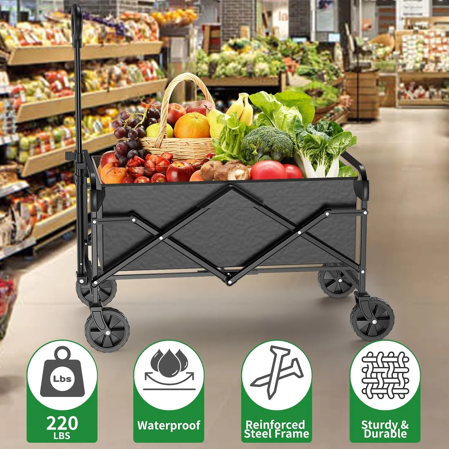 Collapsible Wagon Cart with 5" Removable 360° Swivel Wheels & Handle Adjustable, 220lbs Capacity， Waterproof 600D Oxford Fabric & MDF Base, All-Terrain Portable Utility Cart for Shopping, Garden， Pet