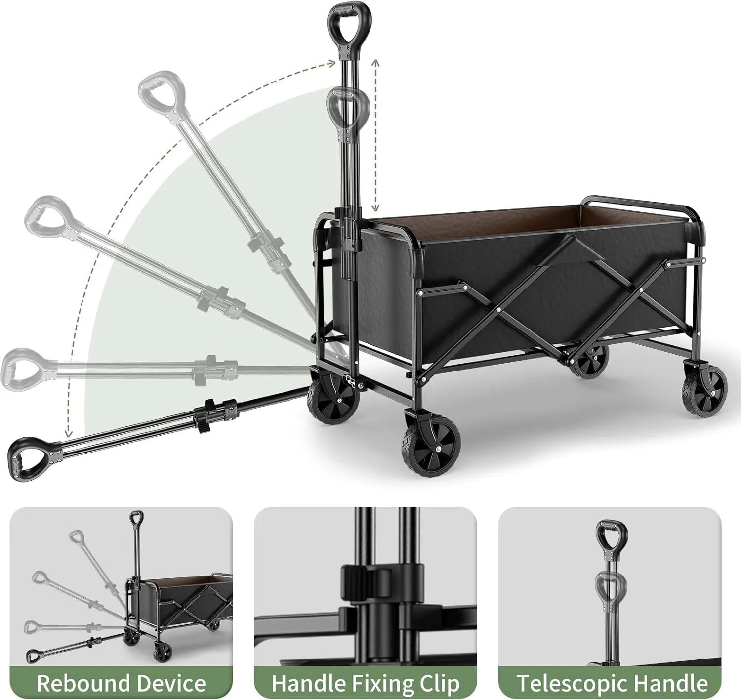 Collapsible Wagon Cart with 5" Removable 360° Swivel Wheels & Handle Adjustable, 220lbs Capacity， Waterproof 600D Oxford Fabric & MDF Base, All-Terrain Portable Utility Cart for Shopping, Garden， Pet