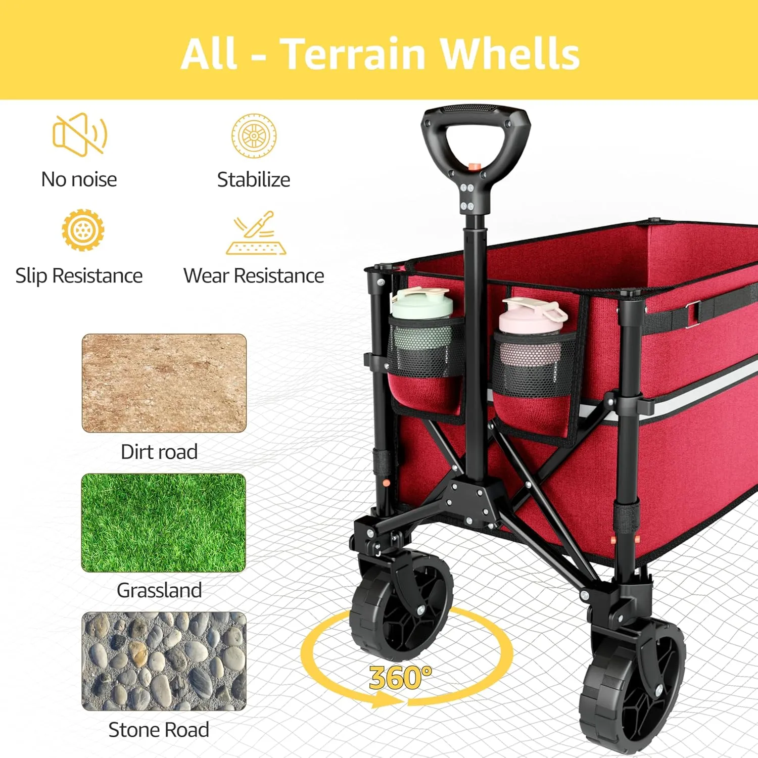 Collapsible Wagon Cart with Wheels Foldable - Folding Utility Heavy Duty Wagons Carts for Grocery Sports Garden Shopping Camping Wheelbarrows, Burgundy