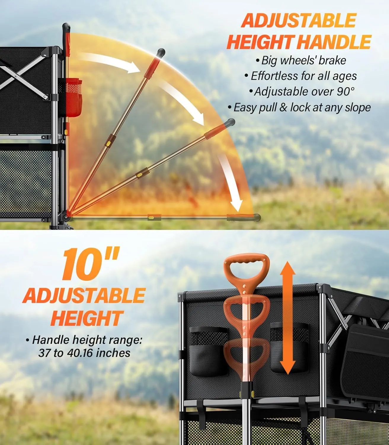 Collapsible Wagon Double Decker, Large Capacity Foldable Wagons Carts Dark Black