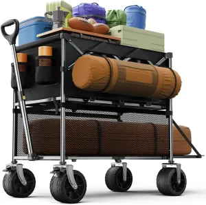 Collapsible Wagon Double Decker, Large Capacity Foldable Wagons Carts Dark Black