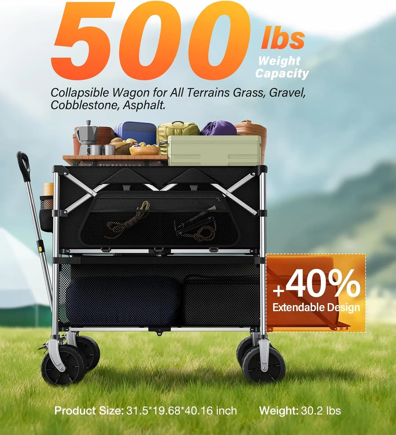 Collapsible Wagon Double Decker, Large Capacity Foldable Wagons Carts Dark Black