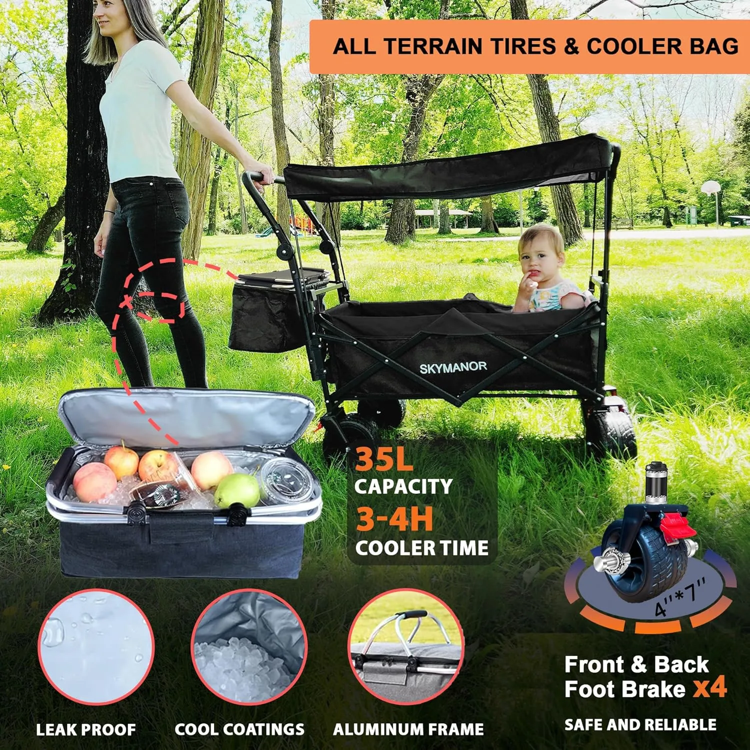 Collapsible Wagon Folding Garden Cart with Removable Canopy Utility Wagon Cart with All-Terrain Wheels Brake Beach Cart for Sand Heavy Duty Beach Wagon for Camping Shopping (Black)