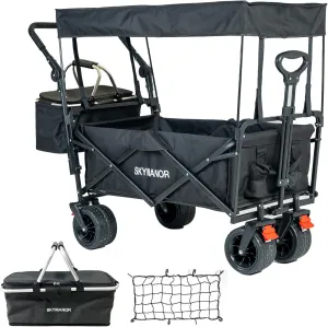 Collapsible Wagon Folding Garden Cart with Removable Canopy Utility Wagon Cart with All-Terrain Wheels Brake Beach Cart for Sand Heavy Duty Beach Wagon for Camping Shopping (Black)