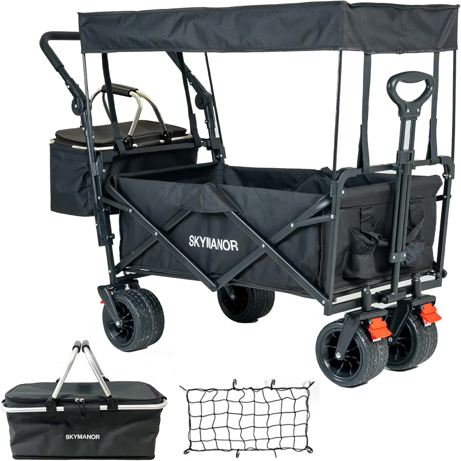 Collapsible Wagon Folding Garden Cart with Removable Canopy Utility Wagon Cart with All-Terrain Wheels Brake Beach Cart for Sand Heavy Duty Beach Wagon for Camping Shopping (Black)