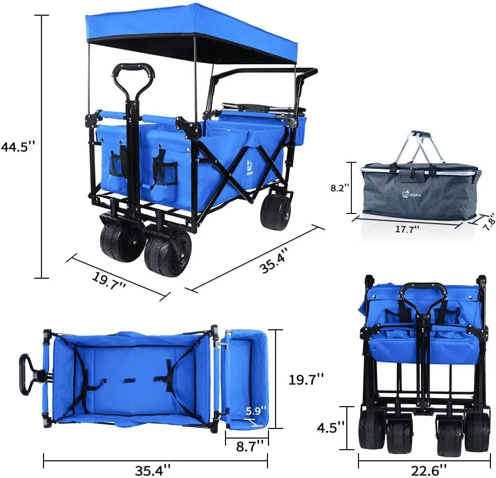 Collapsible Wagon Heavy Duty Folding Wagon Cart with Removable Canopy, 4" Wide Large All Terrain Wheels, Brake, Adjustable Handles,Cooler Bag Utility Carts for Outdoor Garden Wagons Carts Beach Cart