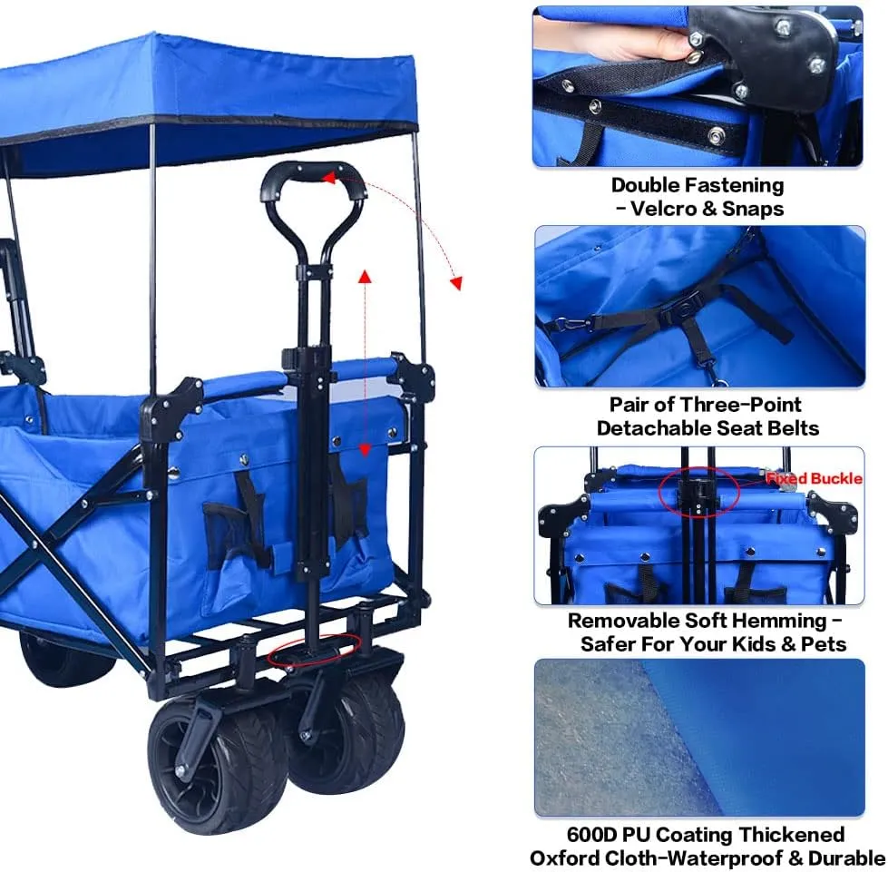 Collapsible Wagon Heavy Duty Folding Wagon Cart with Removable Canopy, 4" Wide Large All Terrain Wheels, Brake, Adjustable Handles,Cooler Bag Utility Carts for Outdoor Garden Wagons Carts Beach Cart