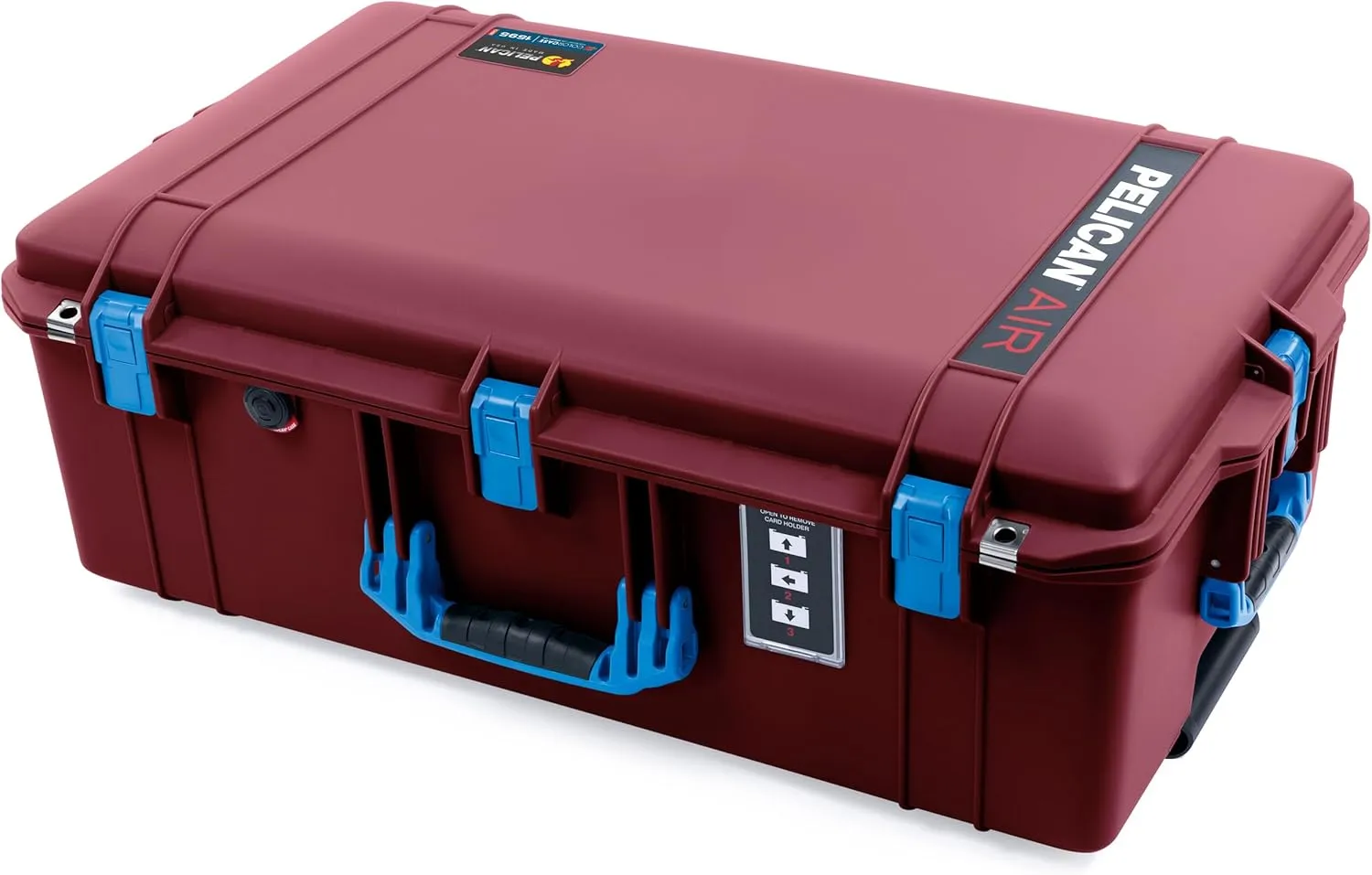 ColorCase Pelican 1595 Case OxBlood - Large Sized Waterproof Case with Combo Pouch Lid Organizer- Blue Handles & Latches