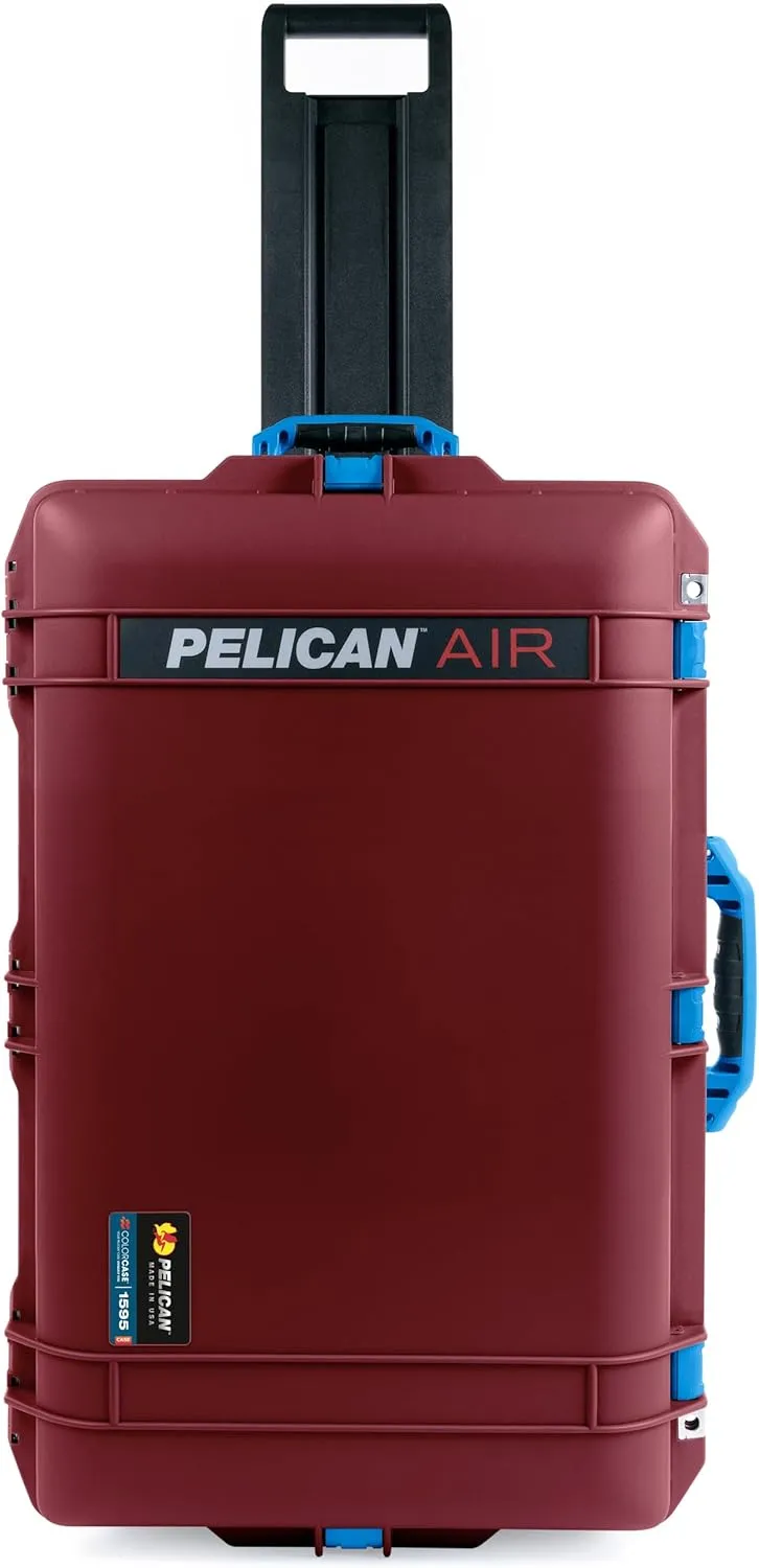 ColorCase Pelican 1595 Case OxBlood - Large Sized Waterproof Case with Combo Pouch Lid Organizer- Blue Handles & Latches
