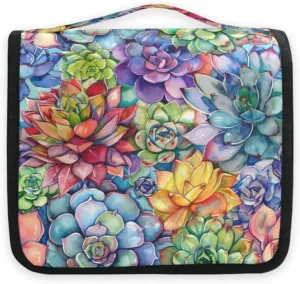 Colorful Watercolor Succulents Travel Toiletry Bag with Hanging Hook Foldable Makeup Bag Waterproof Cosmetic Bag for Men Camp Shampoos
