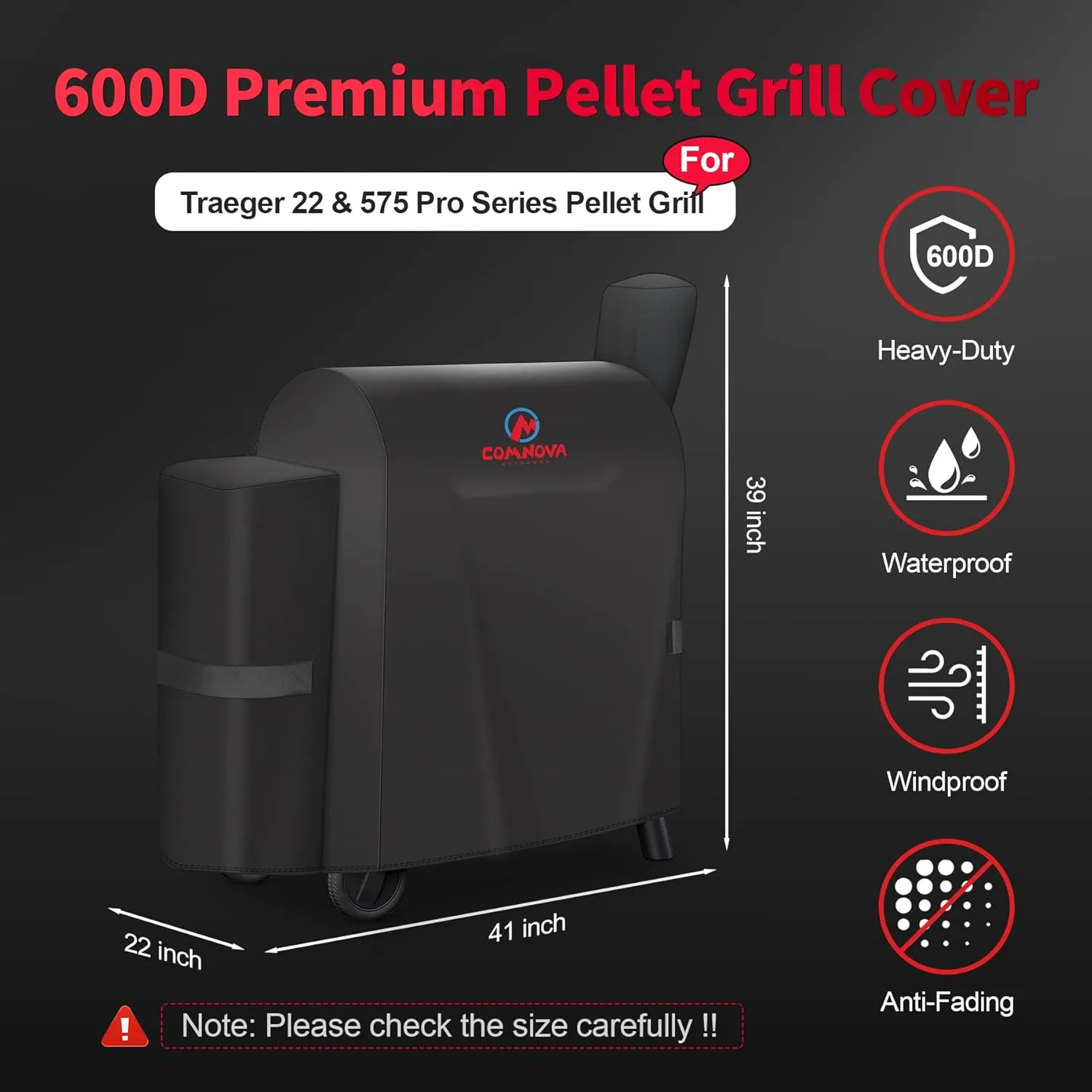 Comnova Grill Cover for Traeger Pro 22 & 575 Series - 600D Wood Pellet Smoker Cover for Traeger Waterproof & Heavy Duty, Premium Pellet BBQ Cover for Traeger Pro 22 / Pro 575, Z Grills 550B and More