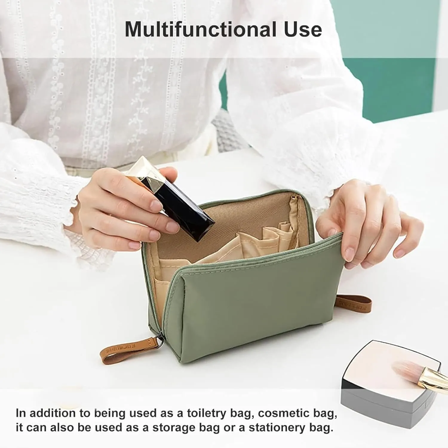 Convergei Makeup Bag, Convergei Travel Makeup Pouch for Women, Portable Mini Waterproof Travel Makeup Pouch, Large Capacity Multifunctional Use Solid Color (Green)