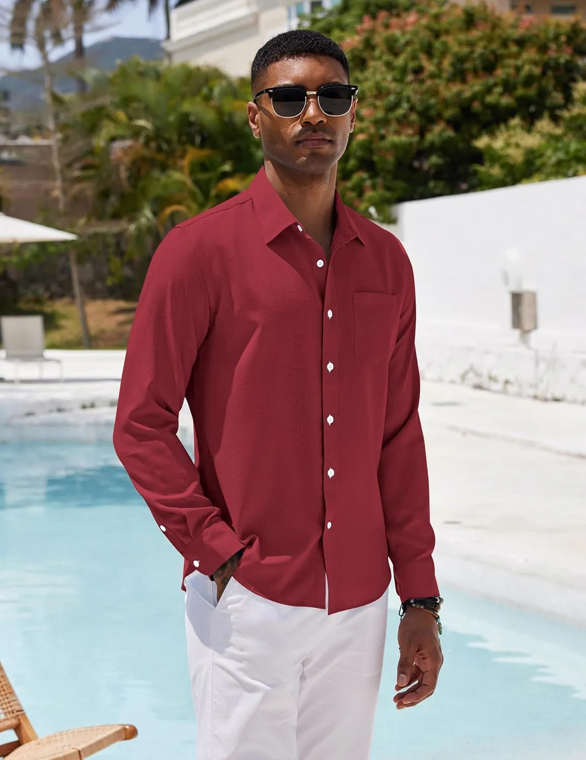 COOFANDY Men's Casual Button Down Shirt Long Sleeve Linen Chambray Shirt