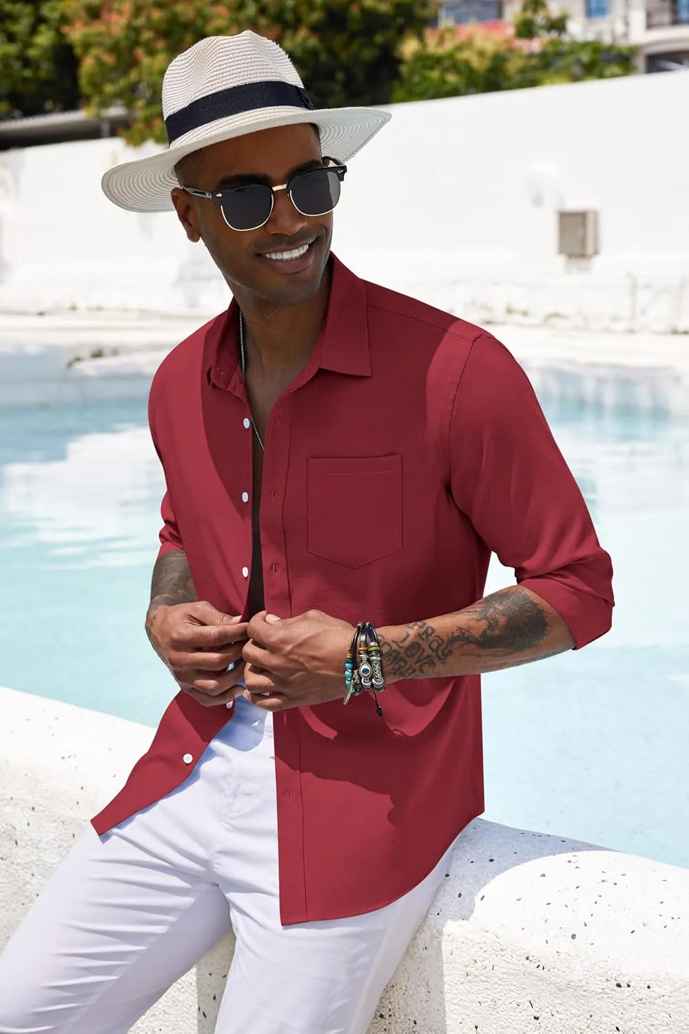 COOFANDY Men's Casual Button Down Shirt Long Sleeve Linen Chambray Shirt